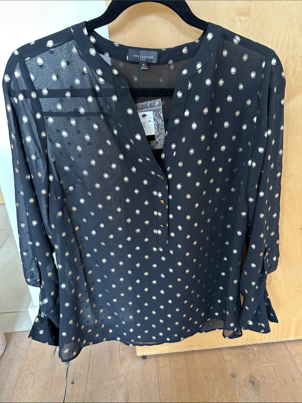 The Limited Black Sheer Blouse with Metallic Dot Print